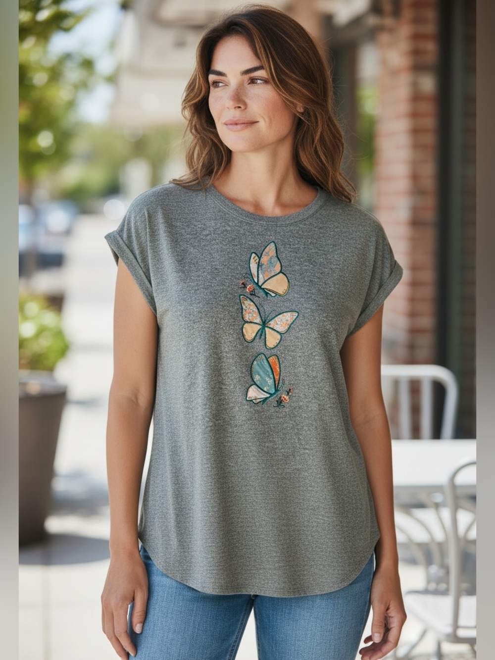 Tru Self Butterfly NWT Embroidered Short Sleeve Top Gray Size Large